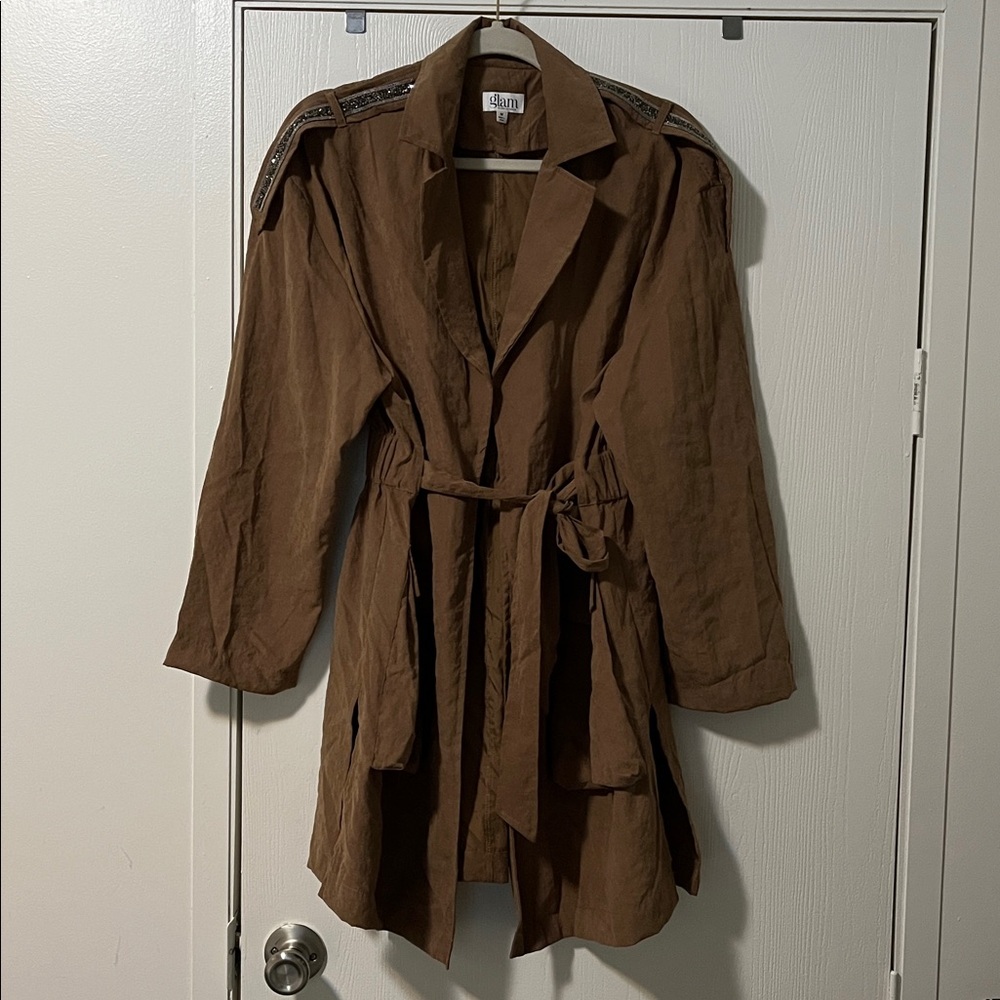 GLAM Cocoa Brown Oversized Trench Coat Rhinestone Shoulder Details Size Medium